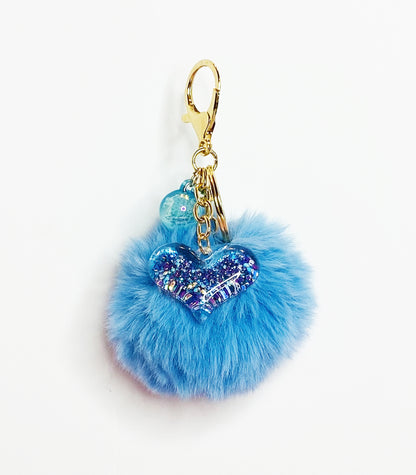 Blue Pom Pom Keychain with Heart