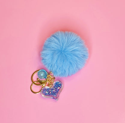Blue Pom Pom Keychain with Heart