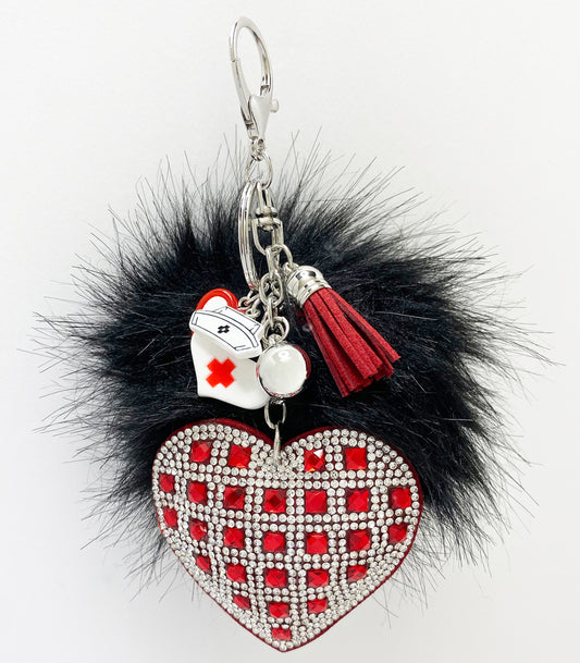 Black Pom Pom with Red Heart Keychain